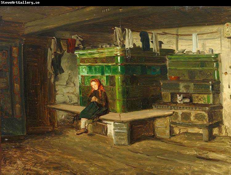 Georg Saal view into a Blackforest living room with small girl on the oven bench